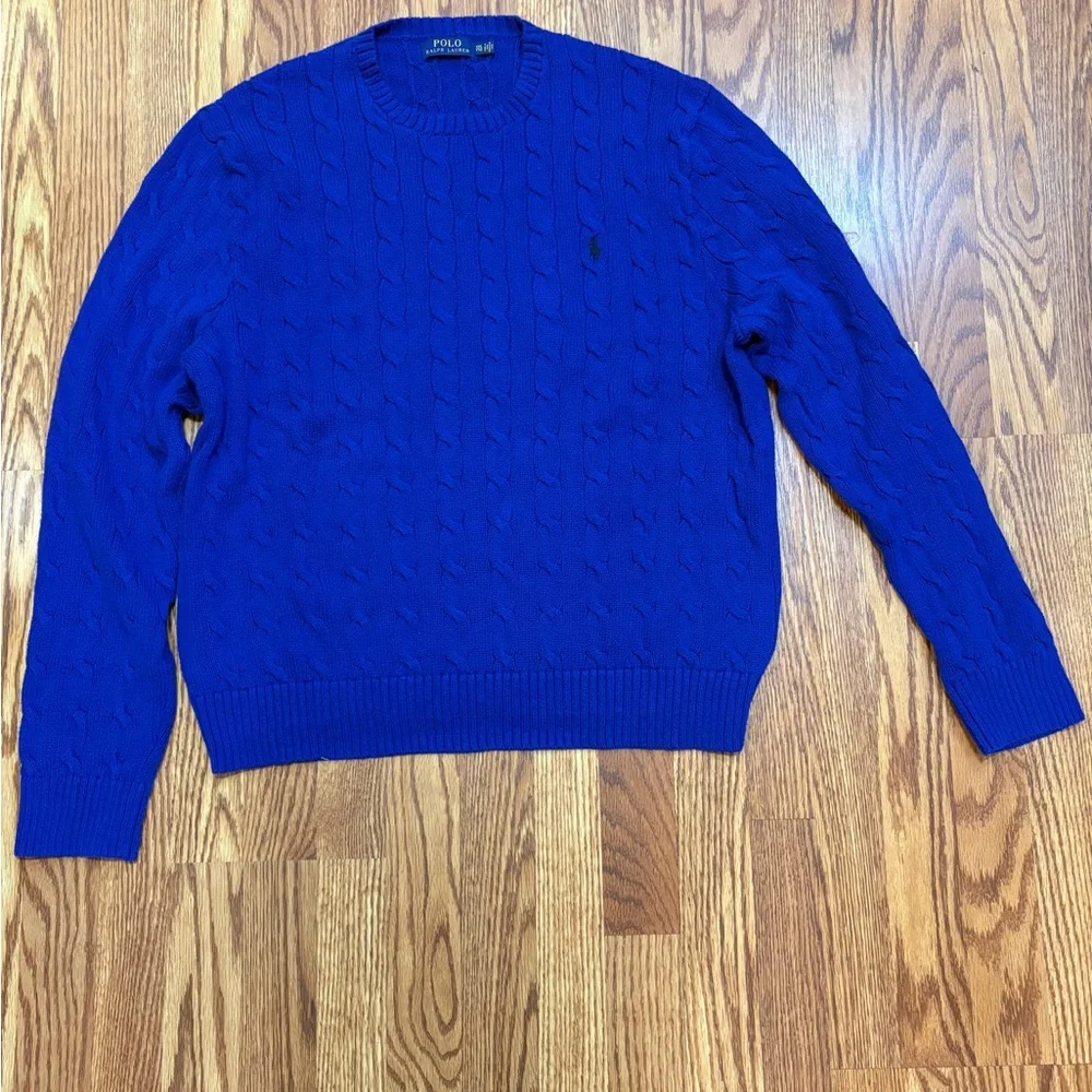 Ralph Lauren Men's Royal Blue Cable Knit Sweater XXL/TTG Preppy Warm Base Layer - Picture 2 of 8